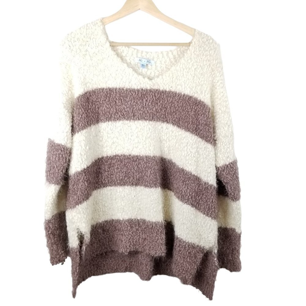 She + Sky M/L Popcorn knit Sweater Mauve Cream‎ Striped Soft Cozy Boho